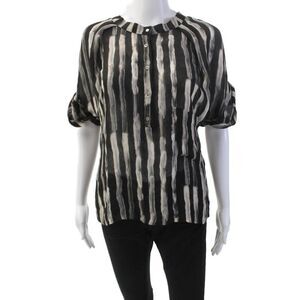 Brian Reyes Women's Short Sleeves Sheer Button Down Striped Shirt Black Size 2